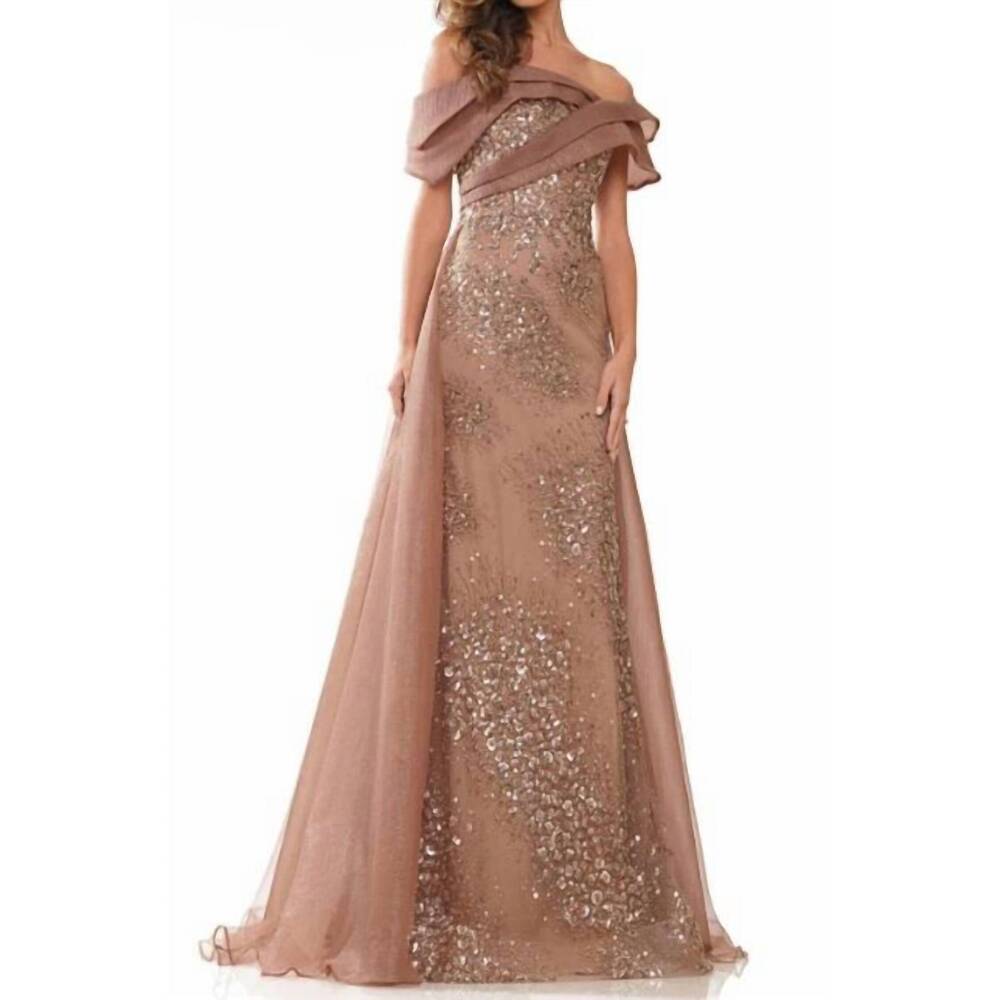 NEW COLORS DRESS overskirt embellished gown in coffee